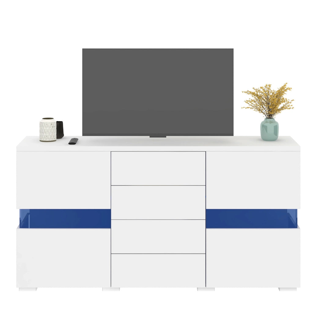 Credenza 140x35x72 cm bianca in MDF, 4 cassetti e LED controllati da app