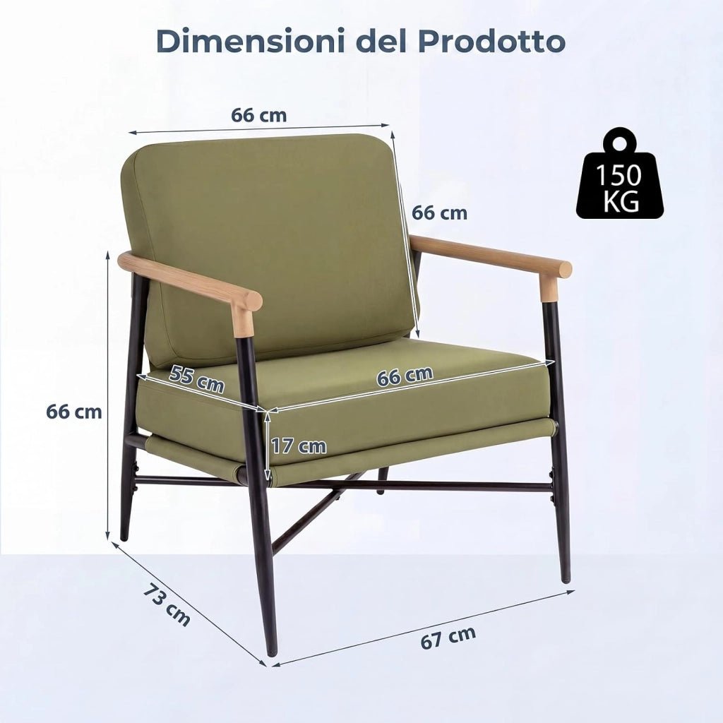 Poltrona Salotto Imbottita, Sedia da Lettura, Relax, Poltroncina con Braccioli, Schienale e Cuscini, per Soggiorno, Camera da Letto, Sala Attesa, Moderno e Comodo, 67 X 73 X 88 CM (Verde)