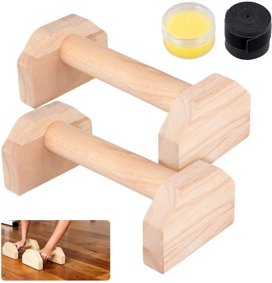 Due push-up manubrii in legno, dimensioni 25 x 13 x 9,5 cm, attrezzatura per calisthenics con 2 cinture antiscivolo.