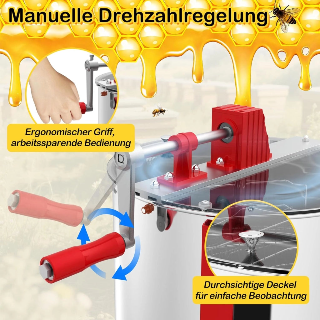 Centrifuga manuale a 4 favi in acciaio inox centrifuga tangenziale estrattore di miele con coperchio, azionamento manuale e gambe regolabili centrifuga miele accessori universali per apicoltura