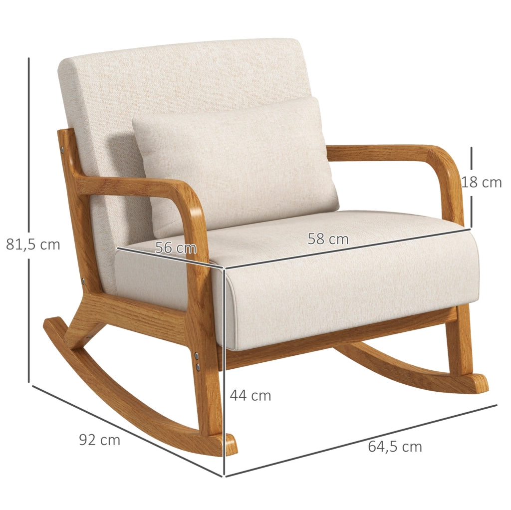 Poltrona a dondolo 64.5x92x81.5 cm con supporto lombare rimovibile in legno bianco crema