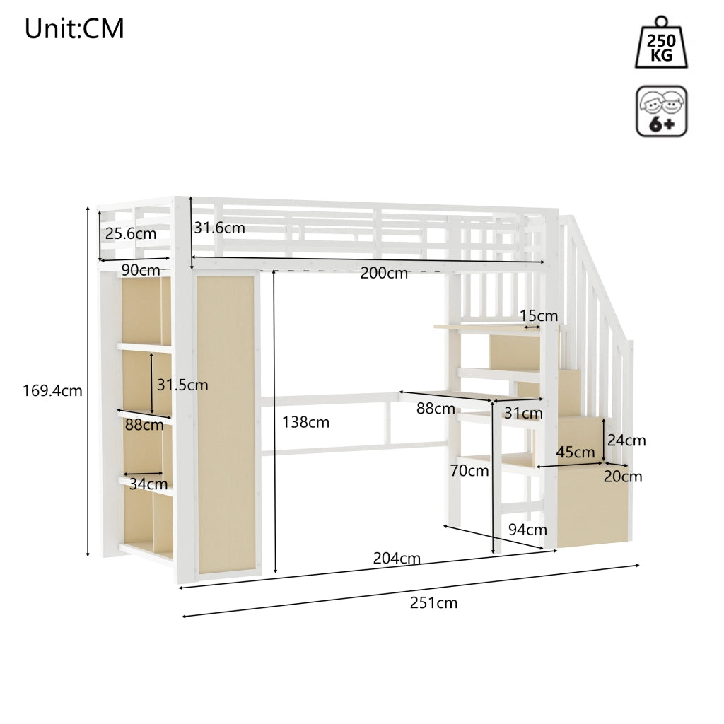 DESMIU Letto a Soppalco 1 Posto con Scrivania, Ripiani, LED e Scala Contenitore 90 × 200 cm Senza Materasso