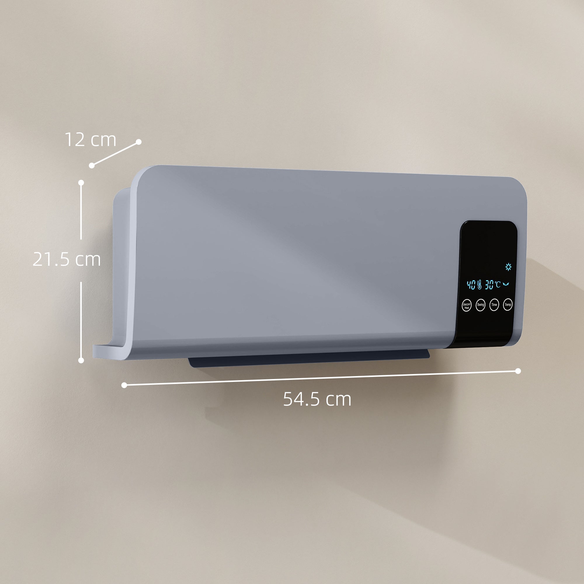 Termoventilatore da Parete Oscillante 54,5x12x21,5 cm 2 Modalità Timer 12h e Telecomando Grigio