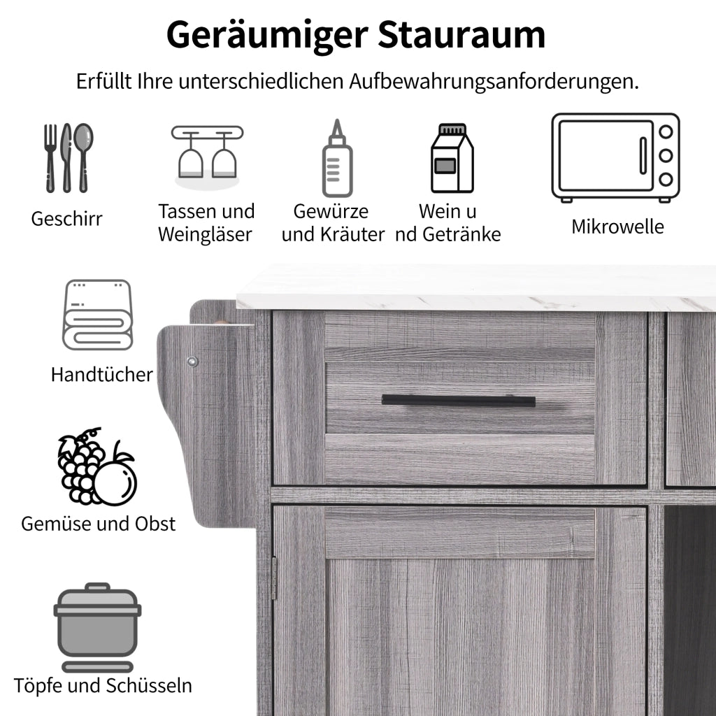 Carrello da Cucina con 3 Cassetti; 3 Vani; Ripiani Regolabili; Piano Pieghevole e Portasciugamani; in MDF; 139 x 46 x 91;5 cm; Grigio