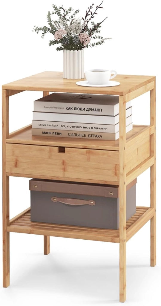 Comodino Camera da Letto con Cassetto e Scaffale a Doghe, Comodino Piccolo a 3Livelli in Bambù, Tavolino Lato Classico per Soggiorno, Naturale, 40 x 40 x 68 cm(L x P x A)