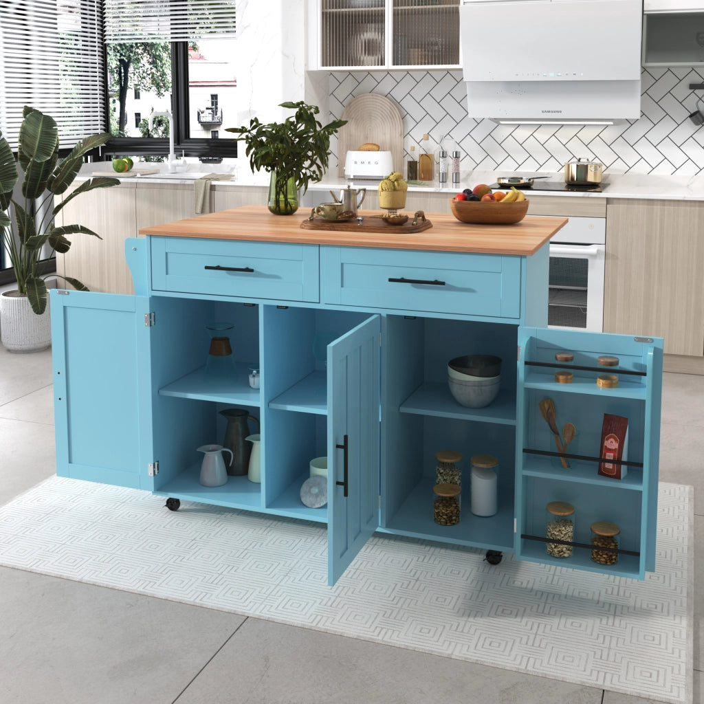 Carrello da cucina con piano pieghevole, 129x71x91,5 cm, blu, con cassetti, ripiani regolabili e ruote
