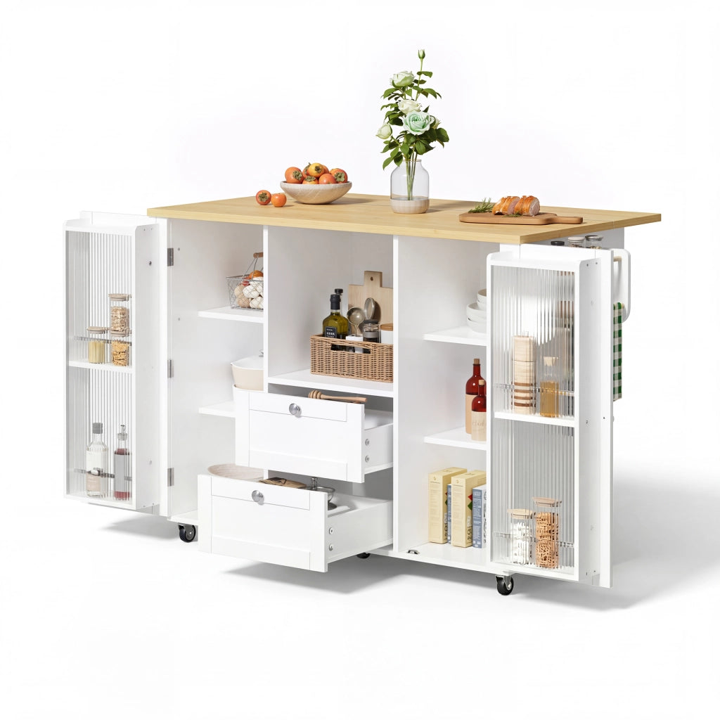 Isola da cucina su ruote con piano ribaltabile, 2 cassetti, ripiano spezie e portasciugamani, 120×45(70)×92 cm