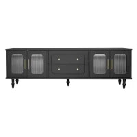 Mobile Porta TV in Stile Retro con Maniglie Dorate, Ampio Spazio di Stoccaggio, Porta in Vetro e Gambe in Legno Massello, 175x38x55,5 cm, Nero