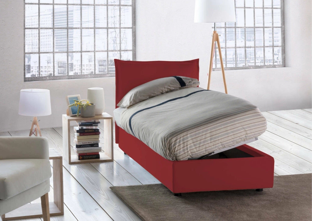 Letto singolo Aren, Letto contenitore con rivestimento in tessuto, Made in Italy, Apertura laterale, con materasso cm 80x190 incluso, Rosso