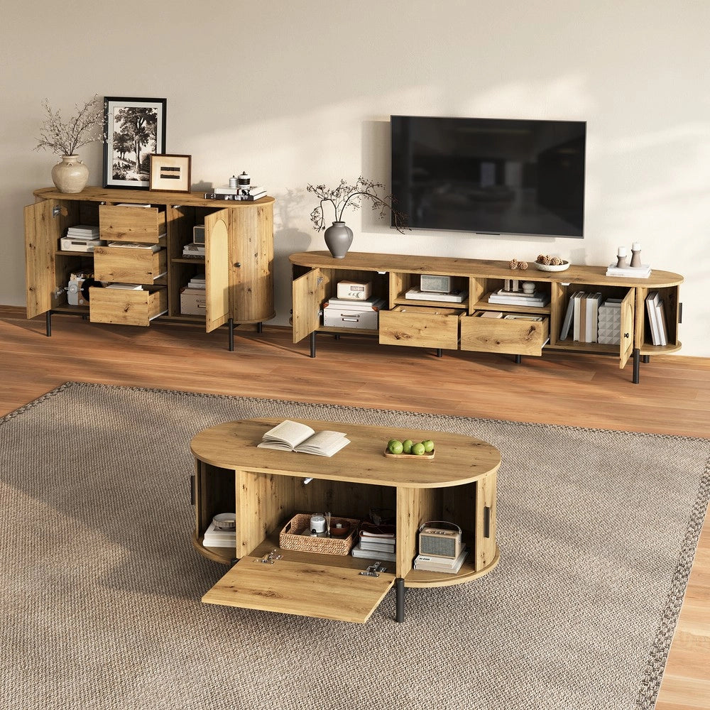 Set Tavolino da Salotto 3 Pezzi ¨C MINIMAL ¨C Legno, Metallo, Effetto Rattan