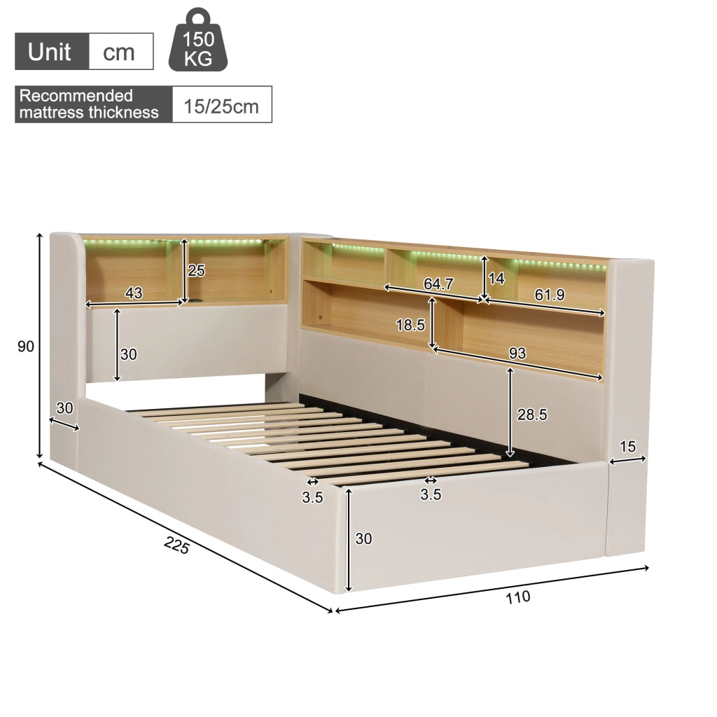 Letto contenitore 90x200 cm in velluto beige, sollevamento idraulico, LED, USB e Type-C, senza materasso