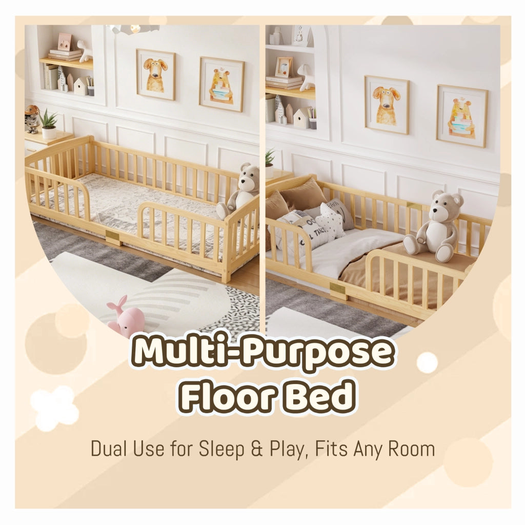 Letto per bambini 90 × 200 cm con barriere di sicurezza e apertura centrale, senza materasso, in pino, naturale
