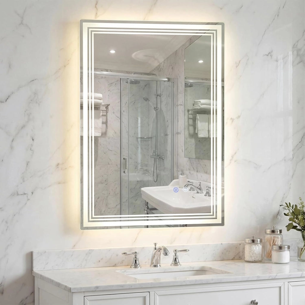 Specchio Bagno a LED Regolabile 70 x 50 cm, Specchio Rettangolare da Parete con Design Antiappannamento, Funzione Memoria, Controllo Touch, Vetro Temperato Infrangibile e Collegamento Fisso