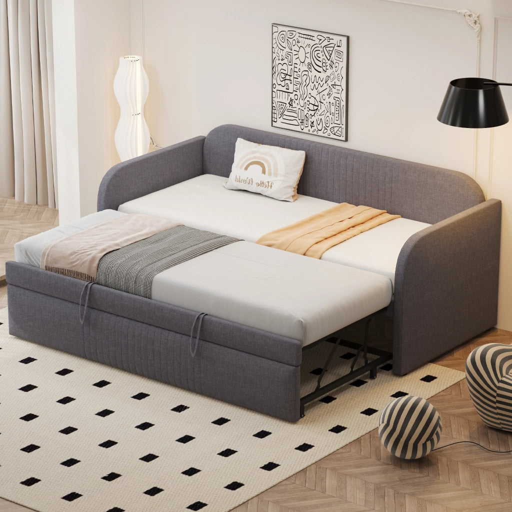Letto a divano estraibile in lino grigio 90x190 cm