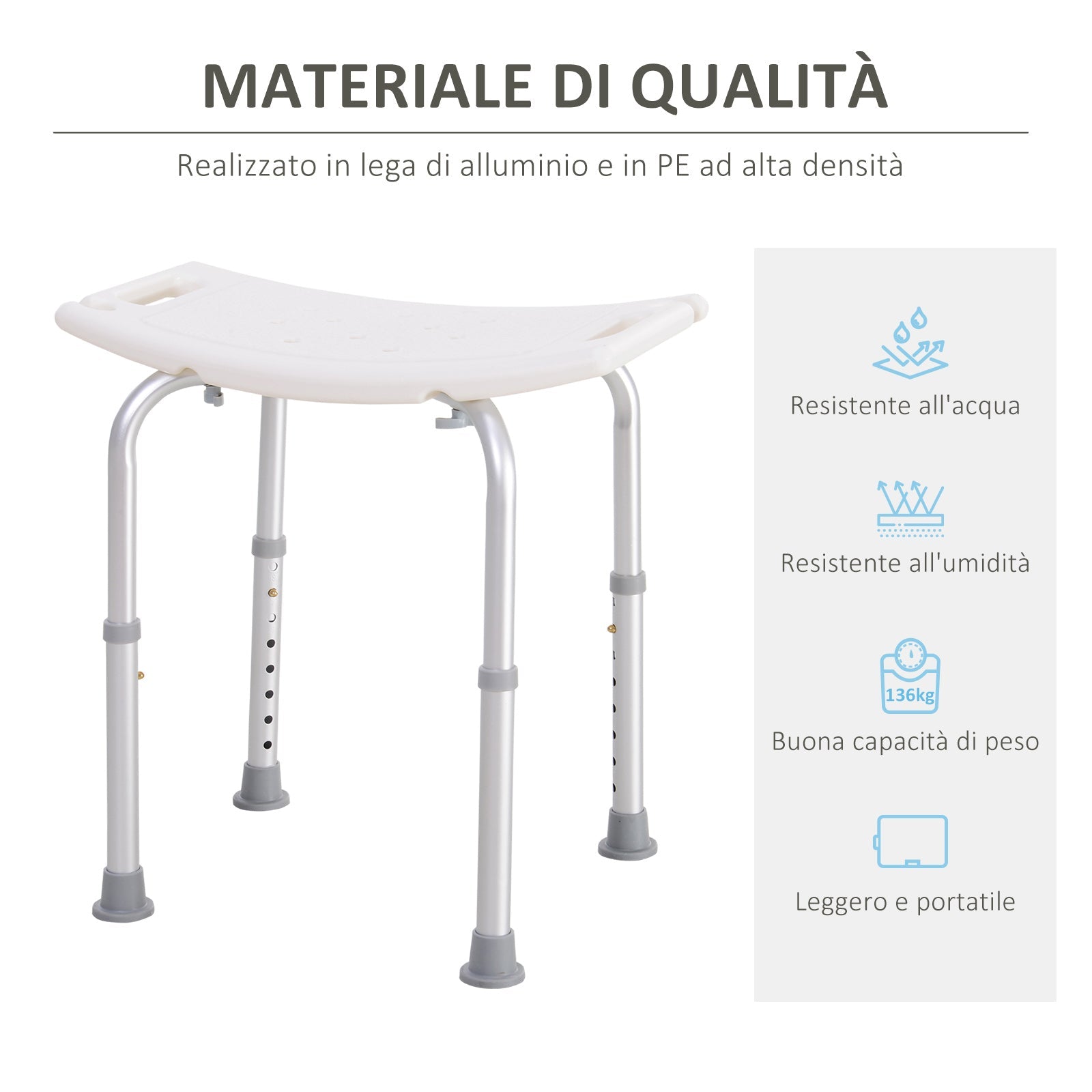 Sgabello per Doccia Bagno antiscivolo bianco altezza regolabile