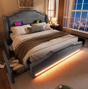 Letto matrimoniale 180x200 cm in velluto grigio con LED; USB e 4 cassetti