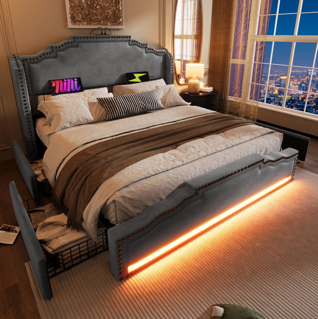 Letto matrimoniale 180x200 cm in velluto grigio con LED; USB e 4 cassetti