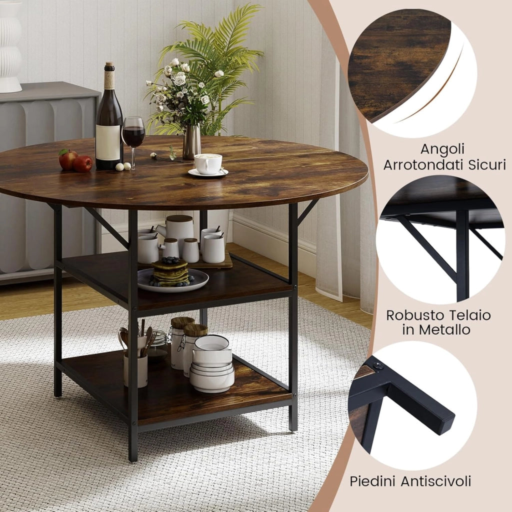 Tavolo da Pranzo Rotondo 120 cm per 4-6 Persone, Tavolo da Cucina Rustico con Ripiano Aperto a 2 Livelli e Struttura in Metallo, Tavolino in Legno per Sala da Pranzo (Marrone)