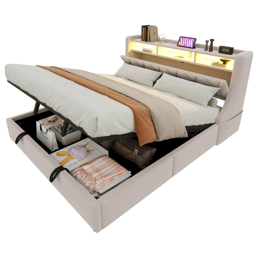 Letto imbottito 180x200 cm con testiera ribaltabile, luci LED, prese USB e Type-C, contenitore idraulico, velluto beige