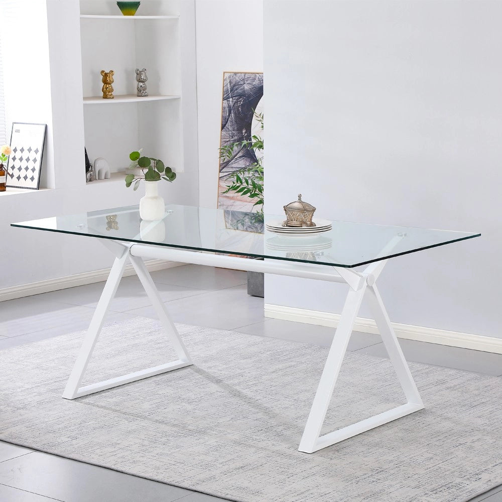 Tavolo da Pranzo Skylar 150×90 cm in Vetro Temperato con Gambe a Cavalletto bianco