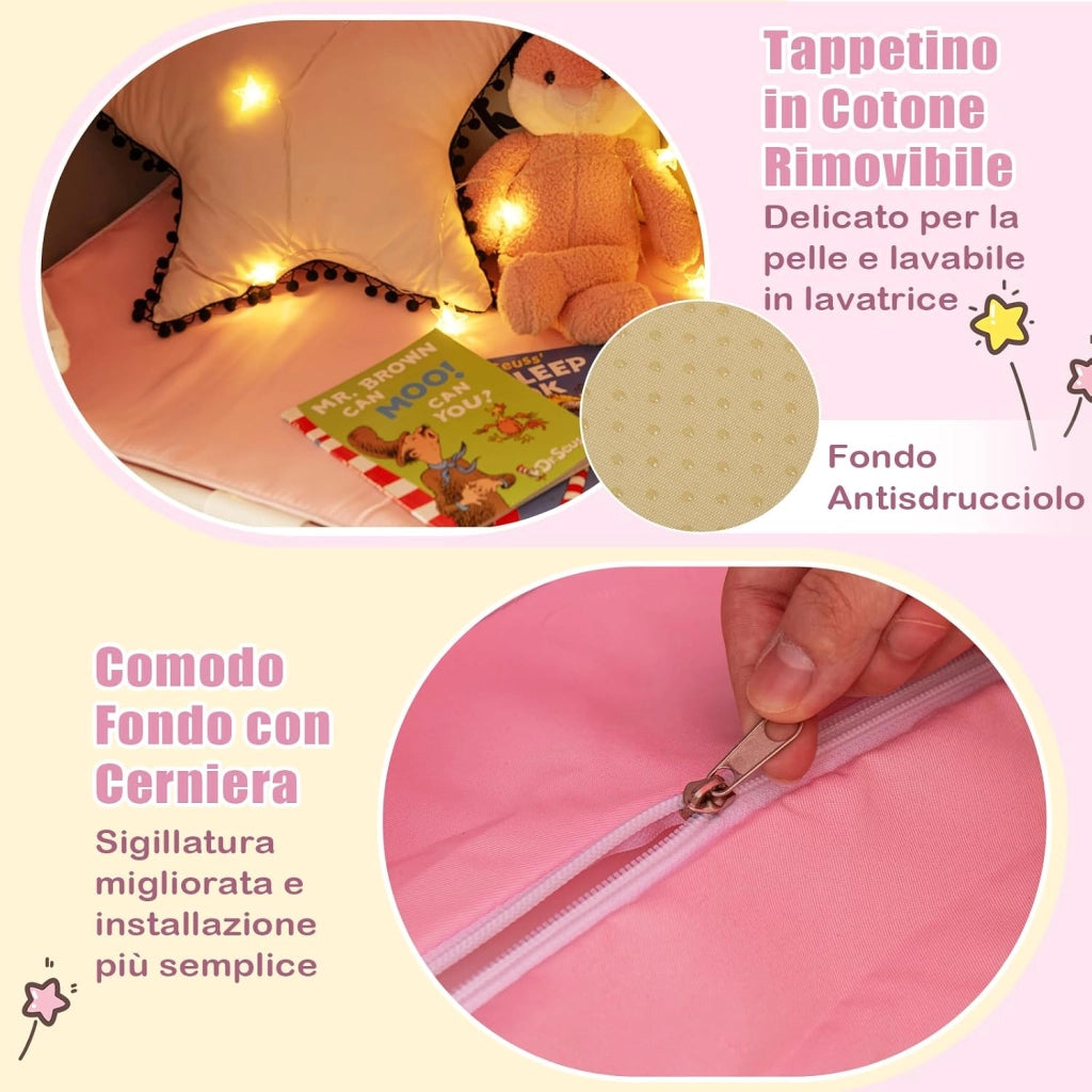 Tenda da Gioco per Bambini, Tenda Castello con Tappetino Lavabile, Luci a Forma di Stella, per Interno ed Esterno, 105 x 121 x 136 cm (Stile 2 Rosa)