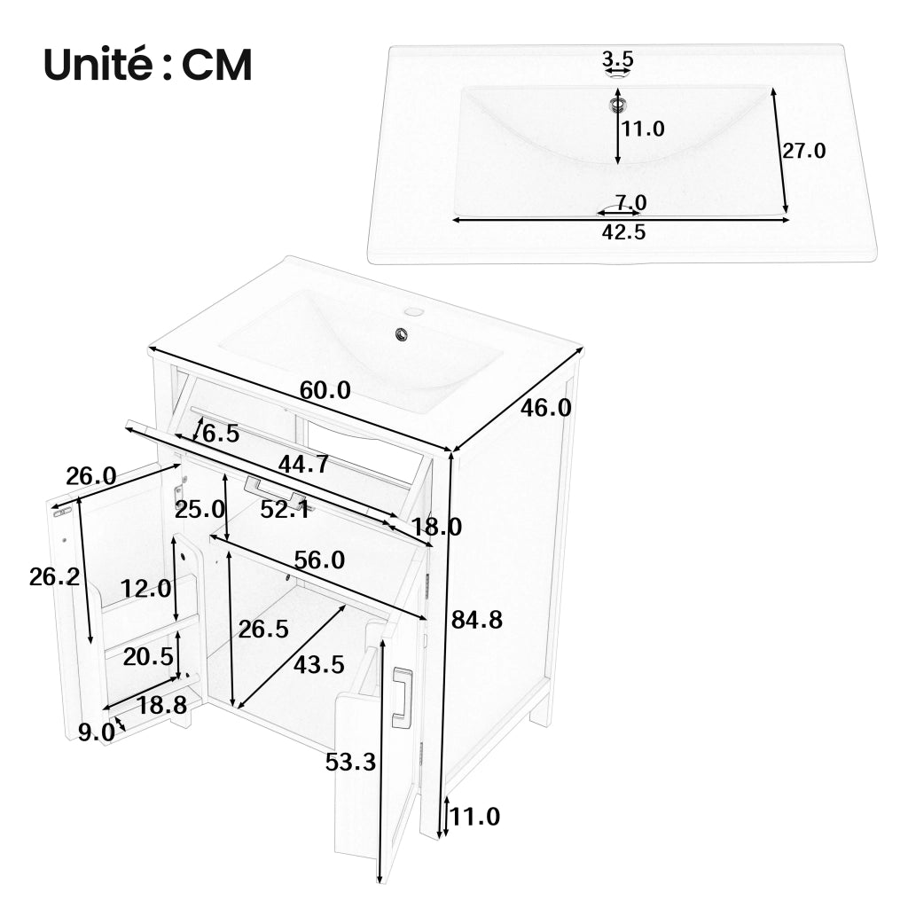 Mobile sottolavabo con lavabo in ceramica, 2 ante, 1 cassetto e ripiano regolabile, per bagno, grigio, 60 × 46 × 84,8 cm