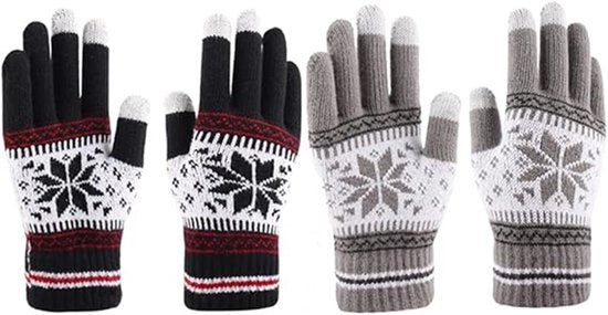 2 paia di guanti di lana caldi per inverno con fiocchi di neve natalizia, guanti touchscreen con dita lunghe, universali (nero + grigio)