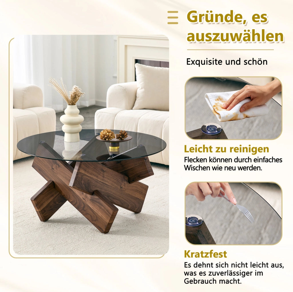 Tavolino da caffè rotondo con piano in vetro temperato e base geometrica in MDF; noce