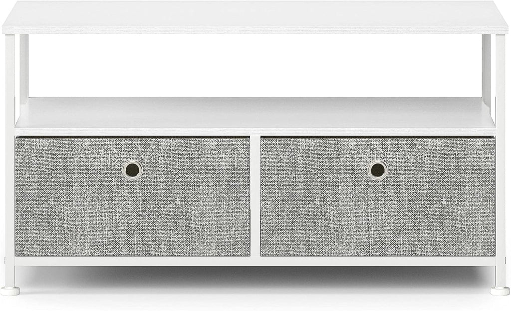 Tavolino da Salotto con 1 Ripiano 2 Cassetti Tavolino da Divano Rettangolare Aperto Tavolino da Caffè Tavolino porta TV Piccolo Metallo Struttura in Acciaio e Legno Mobile Moderno Bianco e Grigio
