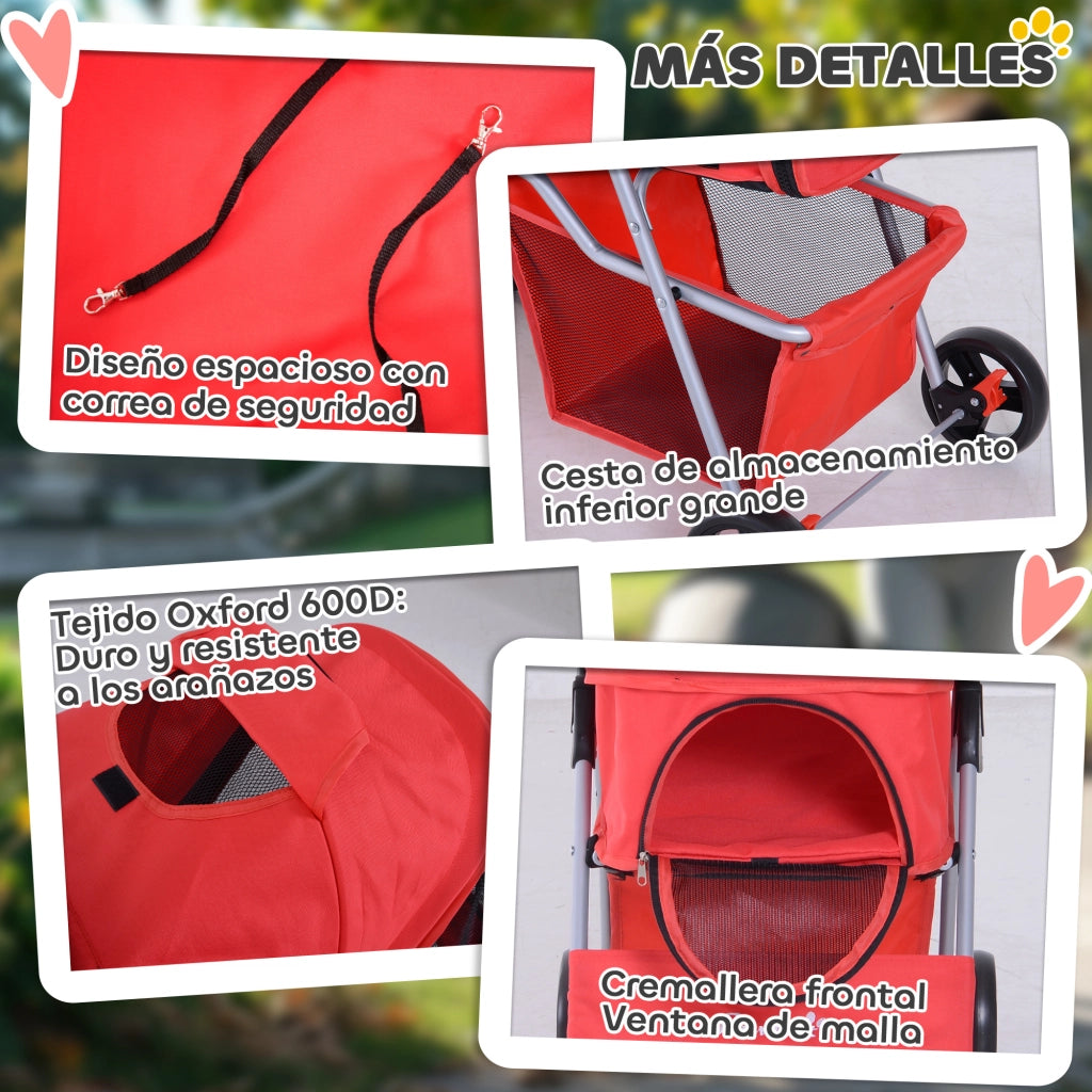 Carrello per Cani con Toldo ¨C zephmum ¨C 77x45x99.5 cm Rosso Tela Oxford