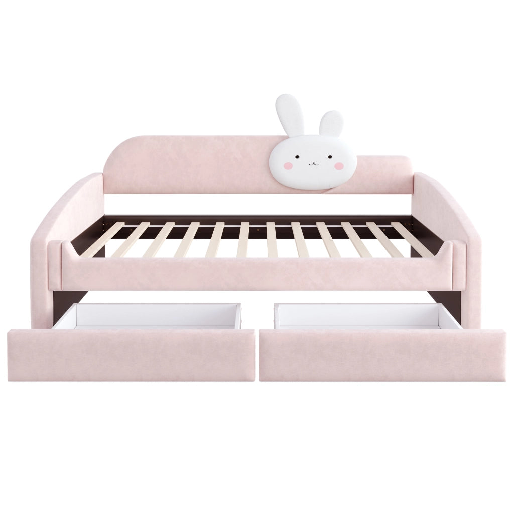 DESMIU Letto per bambini 90 × 200 cm con 2 cassetti, LED e cuscino coniglio, senza materasso, in velluto, rosa