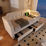 DESMIU Letto divano 90 × 200 cm 1 posto con 2 cassetti, USB Type-C e lampada da lettura, senza materasso, beige