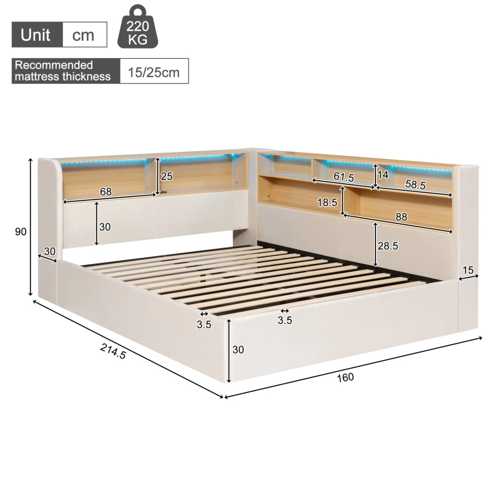 Letto con contenitore idraulico; LED e USB in velluto beige