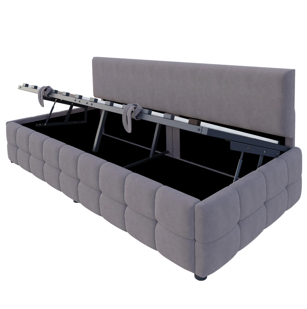 Letto singolo imbottito 90x200 cm con contenitore idraulico e rete a doghe; grigio