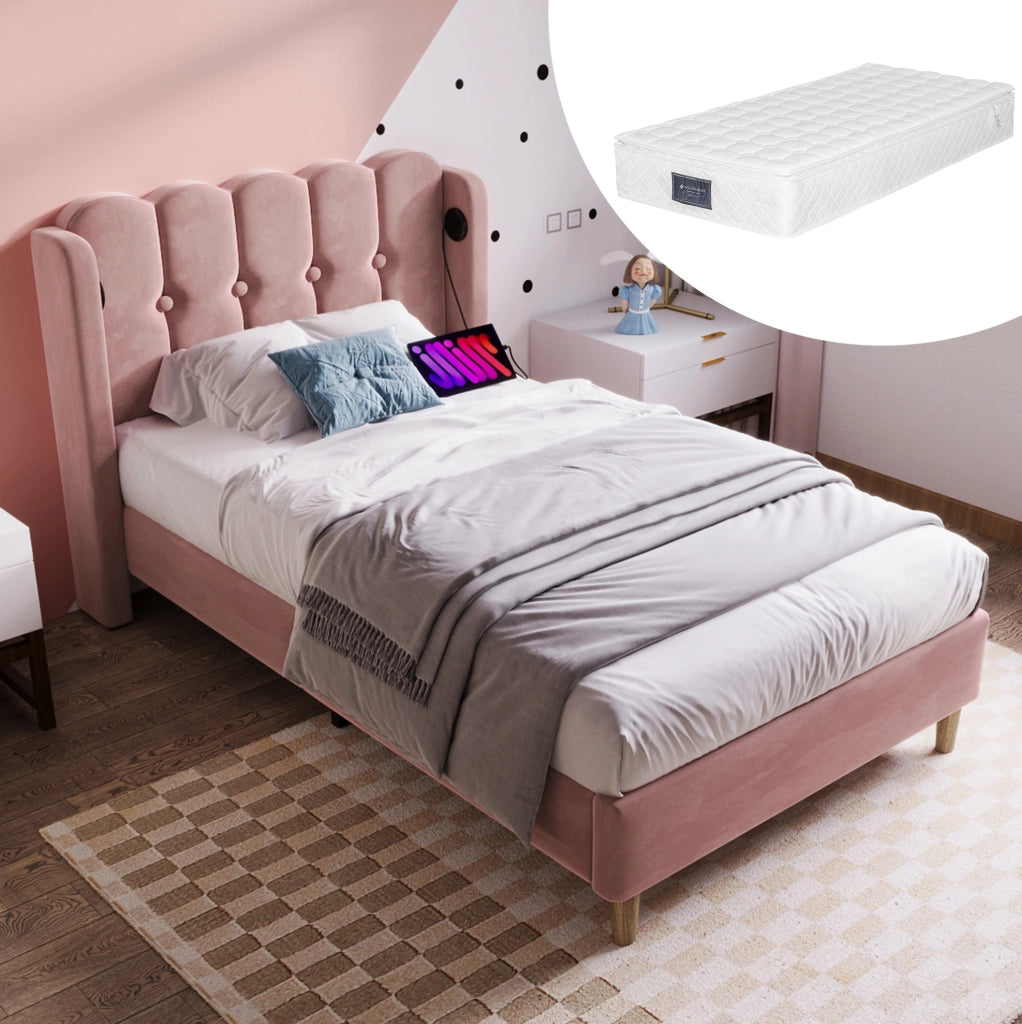 Letto singolo 90x200 cm imbottito in velluto rosa con USB e Type-C; con materasso
