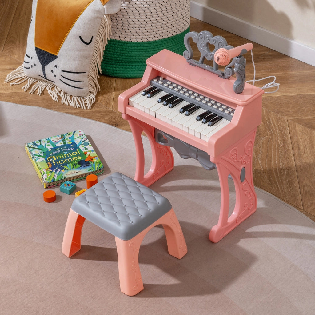 Mini tastiera pianoforte bambini 25 tasti sgabello leggio microfono elettrico-Tastiera musicale giocattolo 3+ anni natale compleanno Rosa