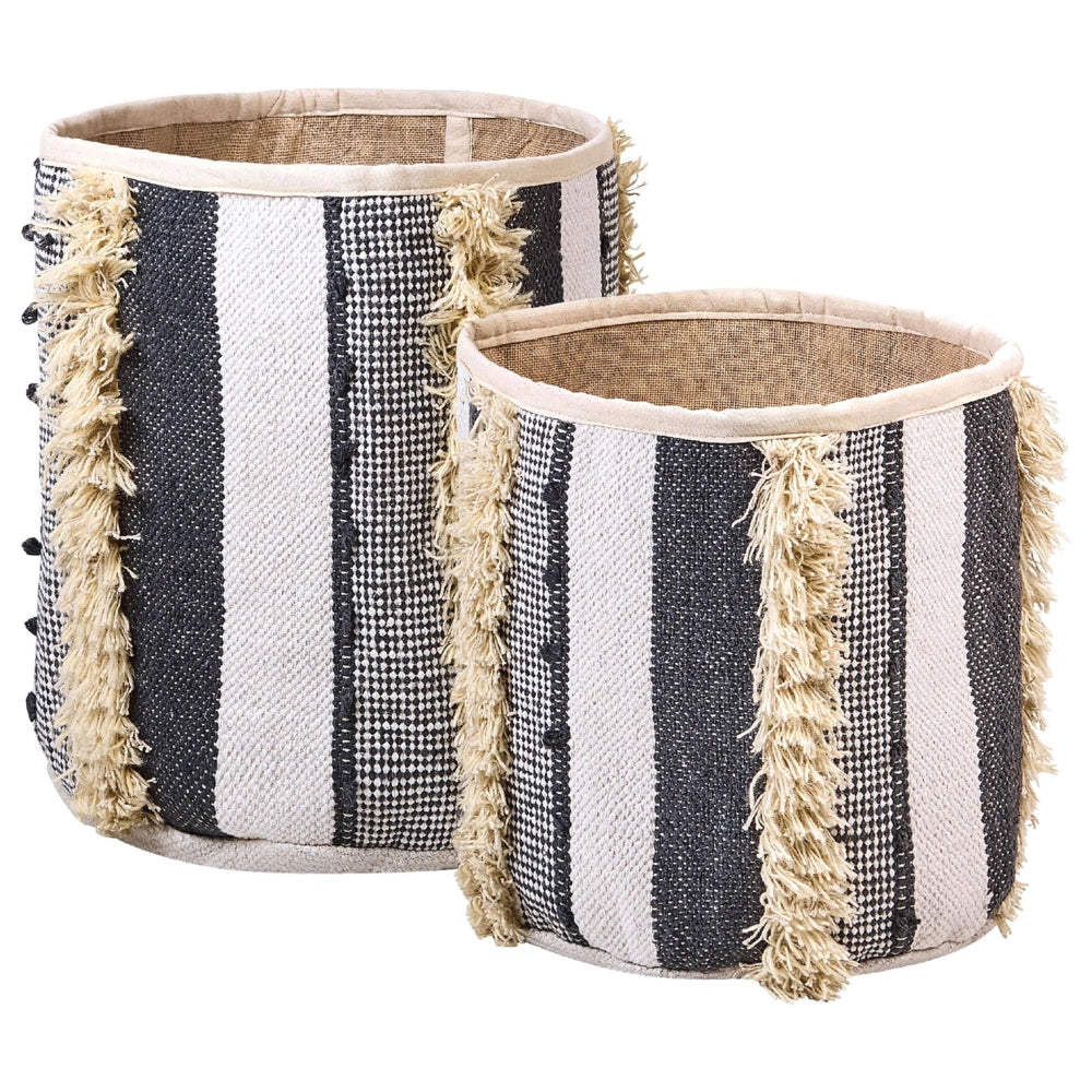 Set di 2 cestini in cotone beige e grigio alti 40/45 cm per riporre oggetti in stile rustico boho