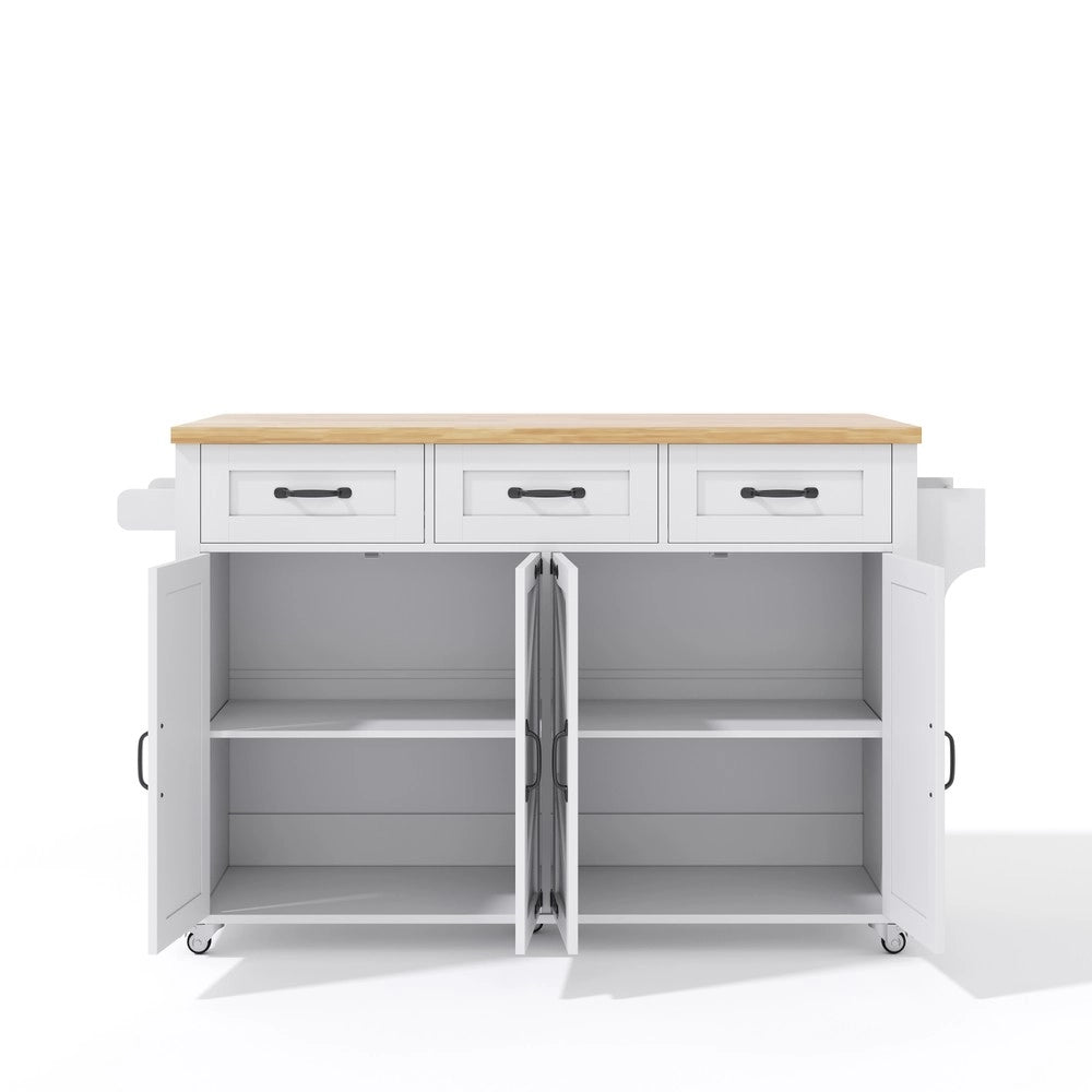 Isola Cucina con Piano Ribaltabile e Ruote ¨C Xylo ¨C Bianco, 4 Ante, 3 Cassetti, 140x43x90.5 cm
