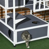 Casetta per Gatti in Legno per Esterni con Terrazza, Cuccia per Gatti a 4 Piani con Scala, Tetto in Asfalto, Resistente alle Intemperie, Casa per Piccoli Animali, 75,5 x 75 x 137 cm, Grigio