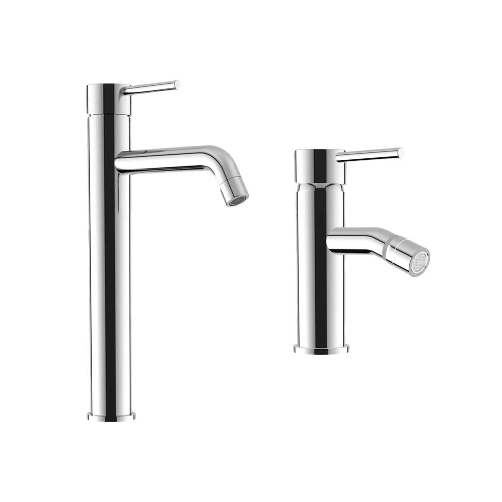Set miscelatore lavabo alto e bidet senza scarico in ottone cromato | Ava