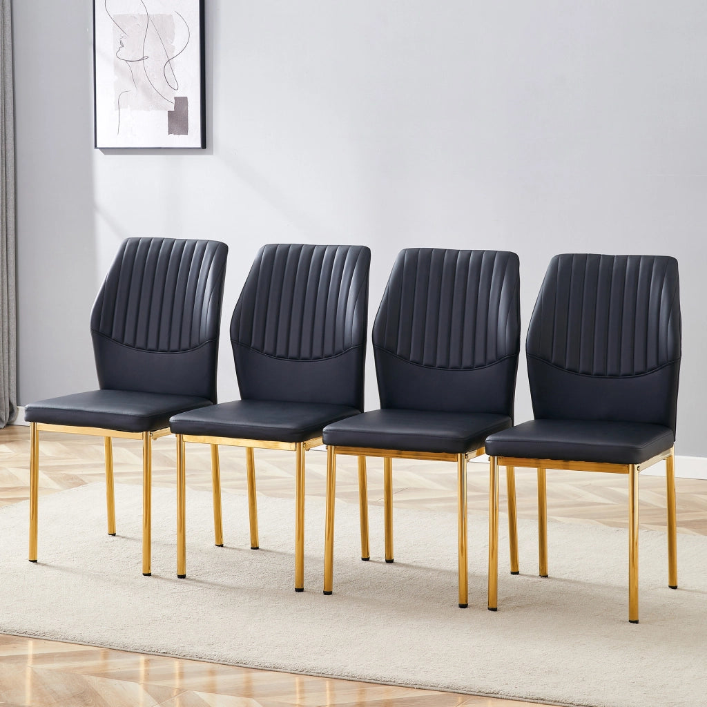 Sedie da pranzo moderne, 4 pezzi in PU nero con schienale a coste e gambe in metallo dorato, per sala da pranzo e soggiorno