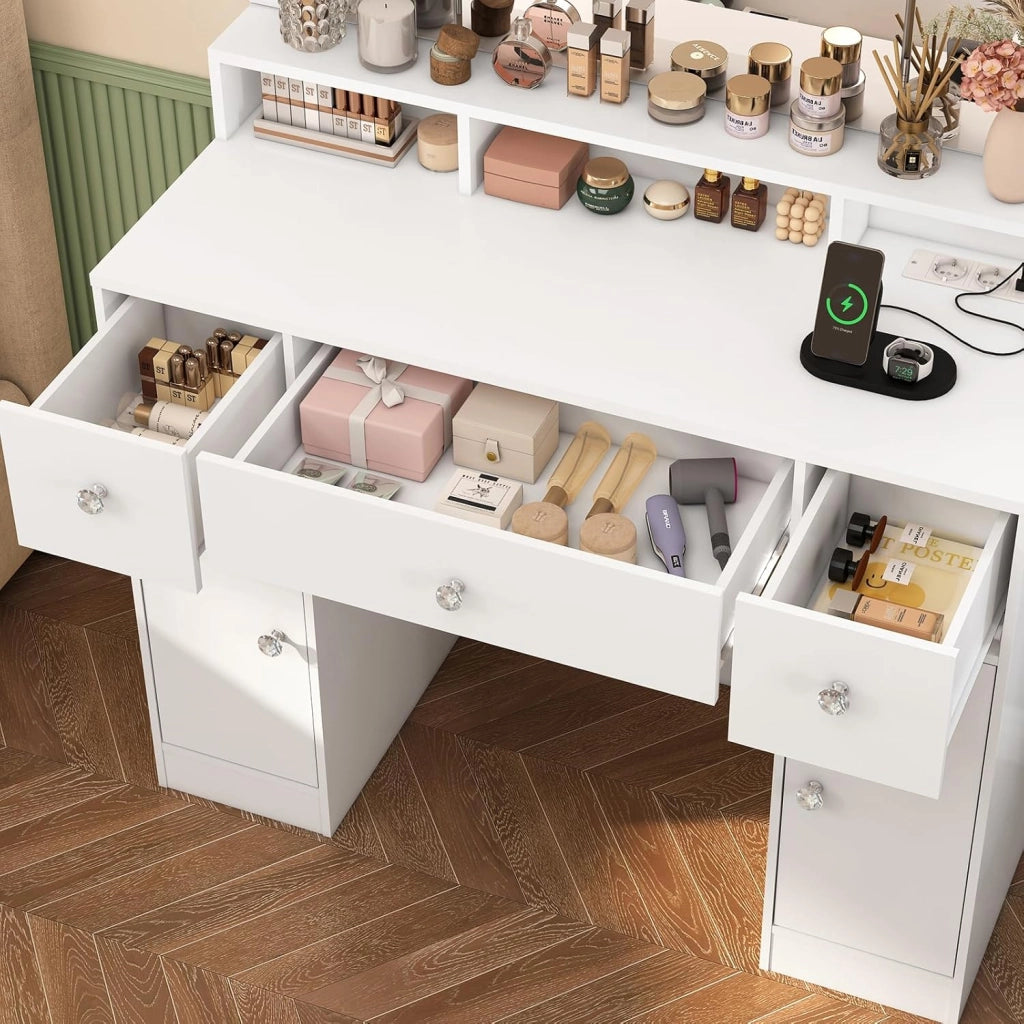 FIONESO Postazione Trucco con 10 Luci LED, 3 Colori Regolabili, 3 Specchietti Ripiegabili, Toeletta Trucco con 2 USB e 2 Prese, 3 Cassetti e 2 Armadi, Bianco