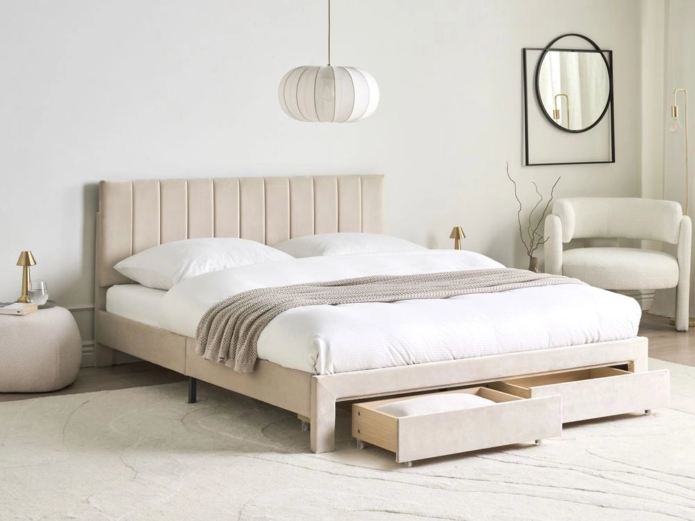 Letto matrimoniale 160 x 200 cm Beige Rivestimento in velluto 4ft con cassetti Testiera Base a doghe Moderno