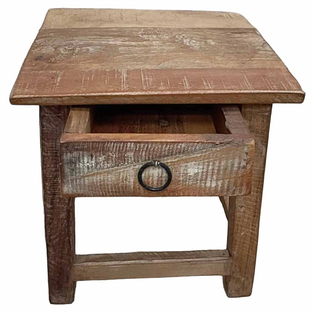 Sgabello con cassetto in legno con finitura artigianale marrone 25x25x29 h cm