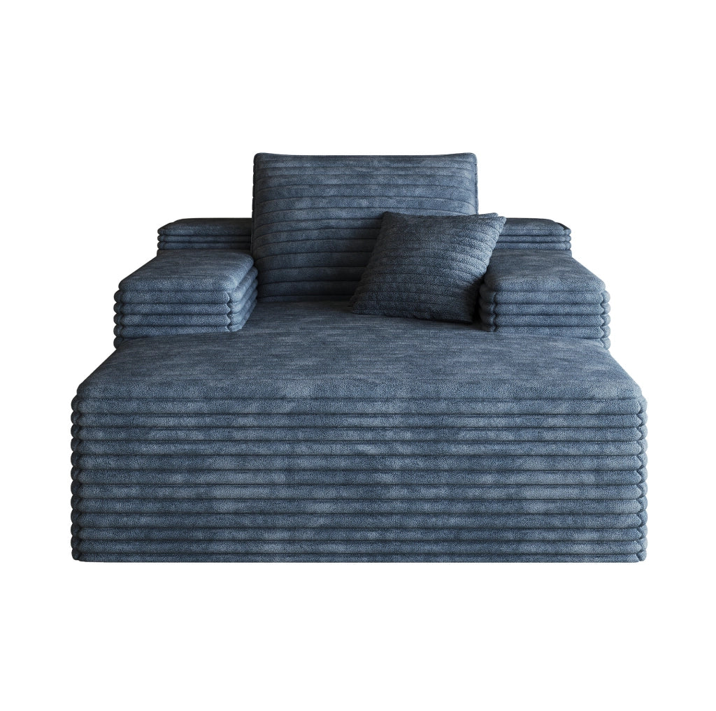 Divano con chaise longue in velluto a coste blu; schiuma ad alta elasticità