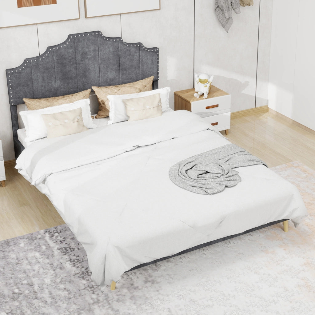 Letto 160x200 cm con Testiera Geometrica; Struttura in Tessuto e Metallo; Grigio