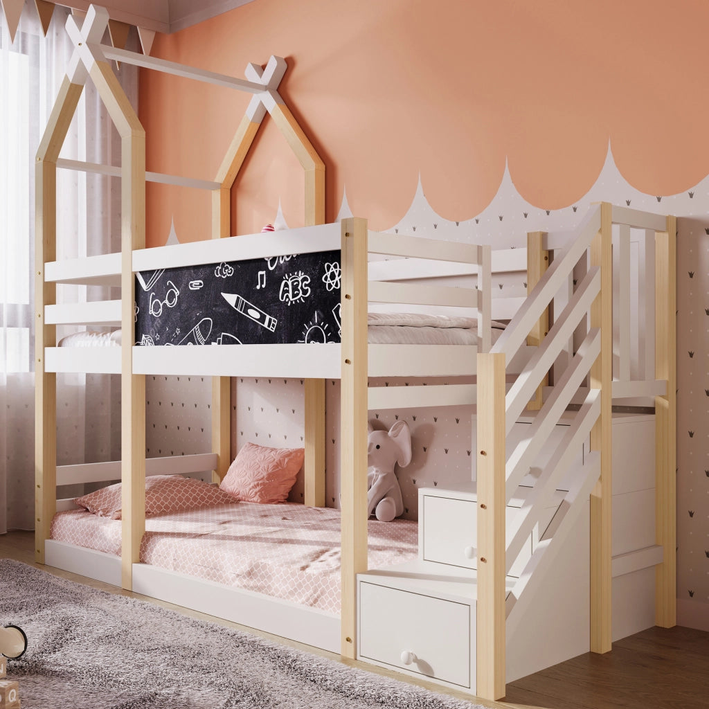 Letto a soppalco 90x200 cm con lavagna e scala contenitore in legno e MDF bianco