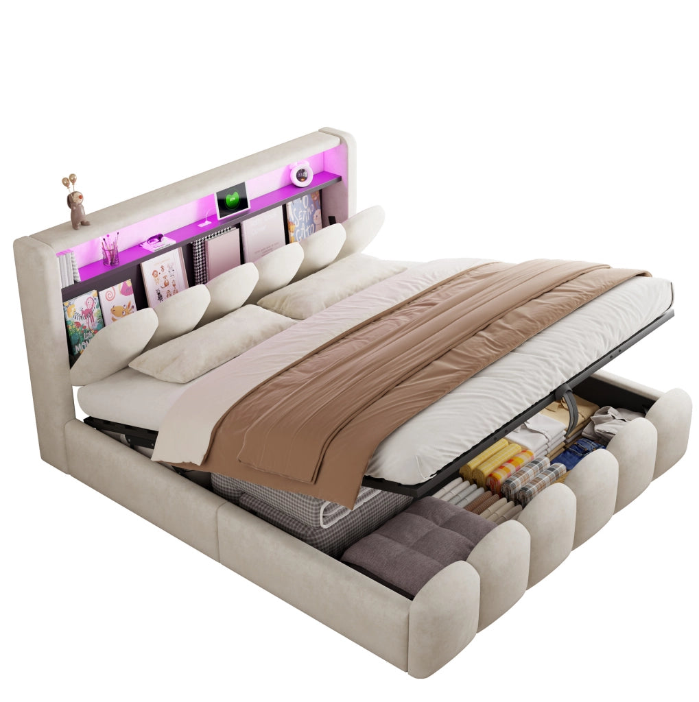 Letto matrimoniale imbottito 180x200 cm in velluto beige con LED; USB e contenitore idraulico