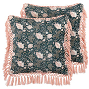Set di 2 cuscini decorativi blu rosa velluto 45 x 45 cm velluto motivo fiore frange moderno glamour decor