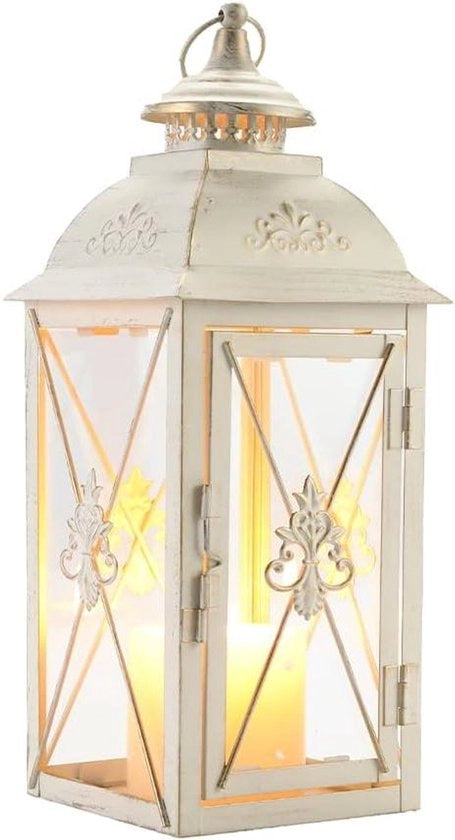 Lanterna Decorativa a Sospensione 34cm Alta - Bianca con Accenti d'Oro - Adatta per Salotto Giardino Eventi Interno Esterno